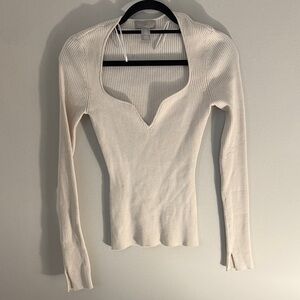 H&M Cream Ribbed Scoop-Neck Long Sleeve Top